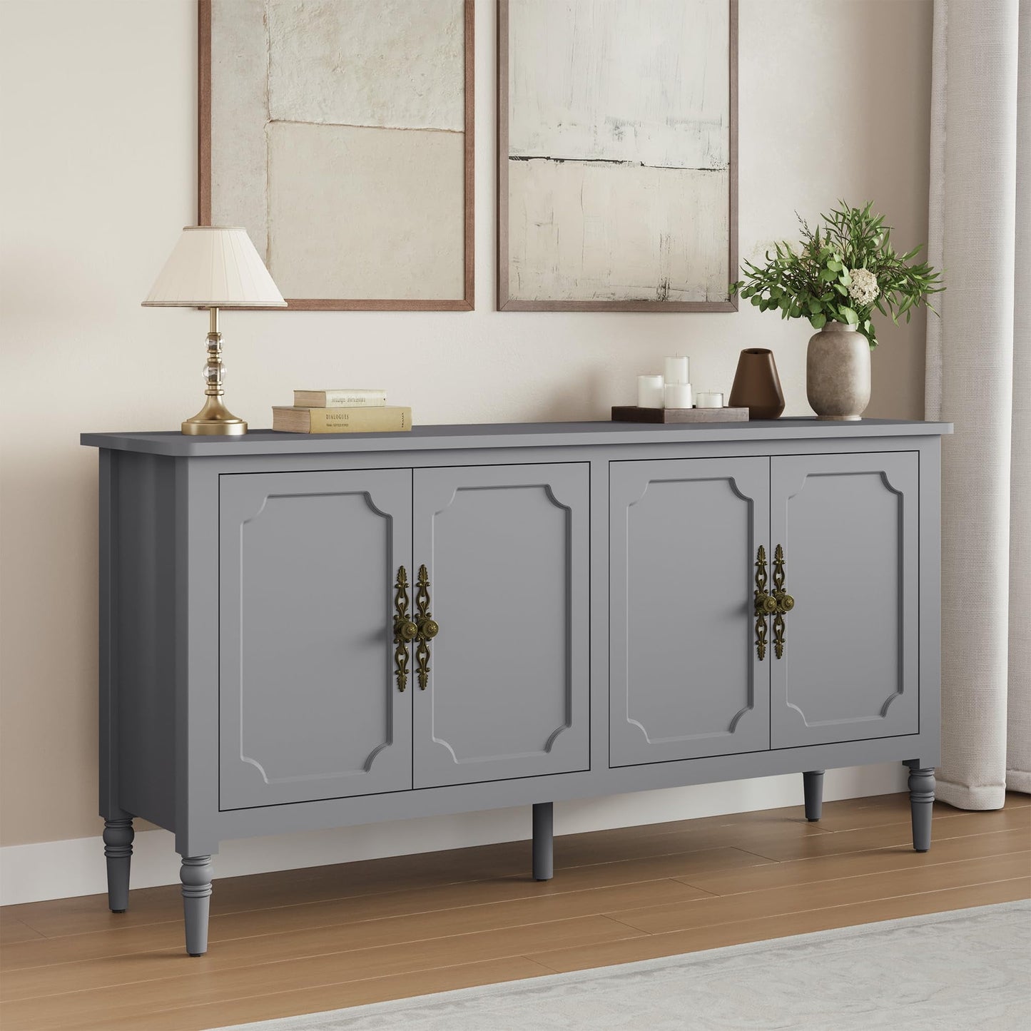 May in Color Mid Century Modern Sideboard with 4 Doors and Adjustable Shelves, Console Table for Entryway, Dining Room, Living Room, Grey Oak