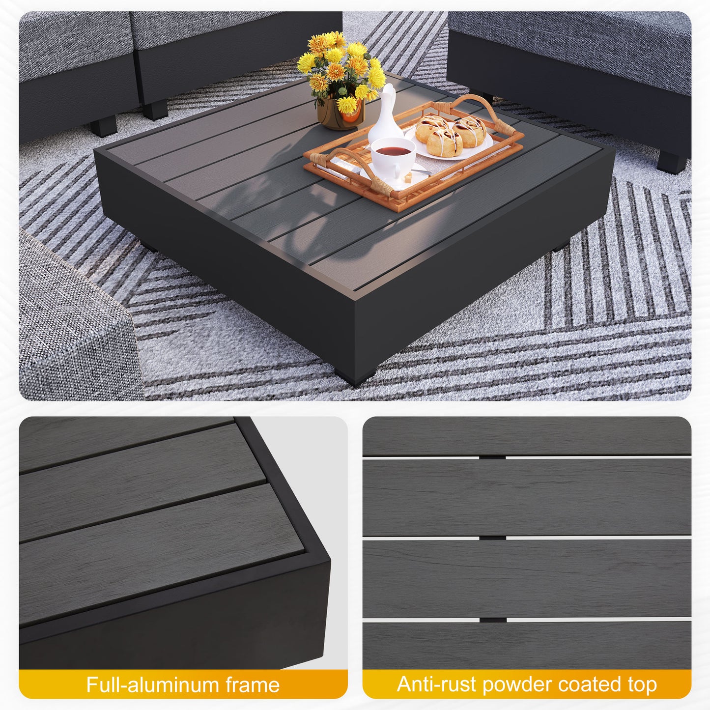 5 Pieces Aluminum Patio Furniture Set, Outdoor Sectional Sofa Conversation Sets with Coffee Table, Modular Armless Chairs Set for Pool Garden Balcony Porch, Grey