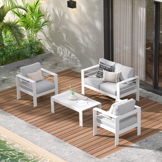 Royalcraft 4-Piece Aluminum Outdoor Conversation Sets with Loveseat, White / Light Grey Cushion