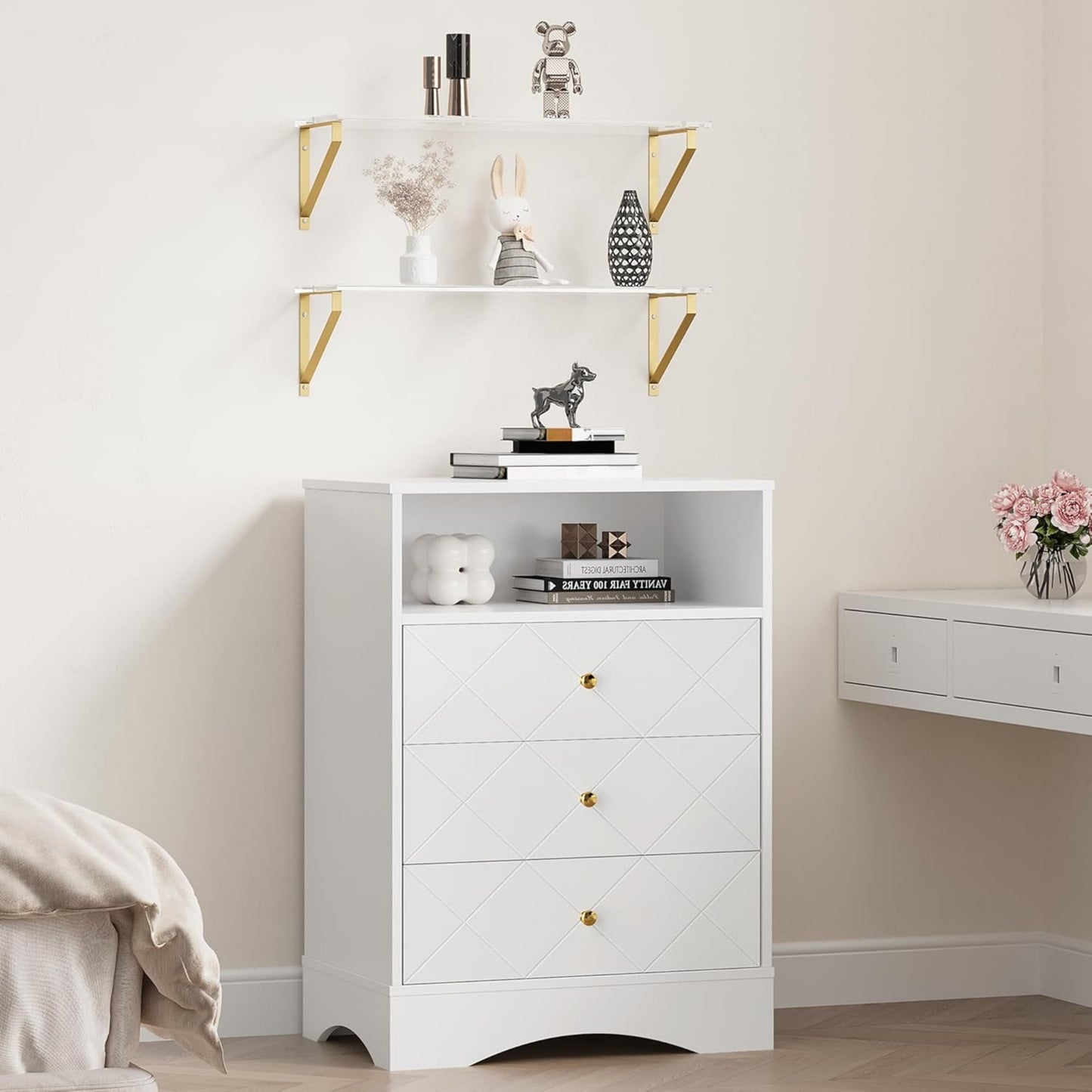 CozyHome Dresser with Drawers & Floating Shelves, 3 Drawer Dresser with Open Storage & Painted Finish, Modern Storage Dresser for Toddler Room, Bedroom, Closet, Hallway, White