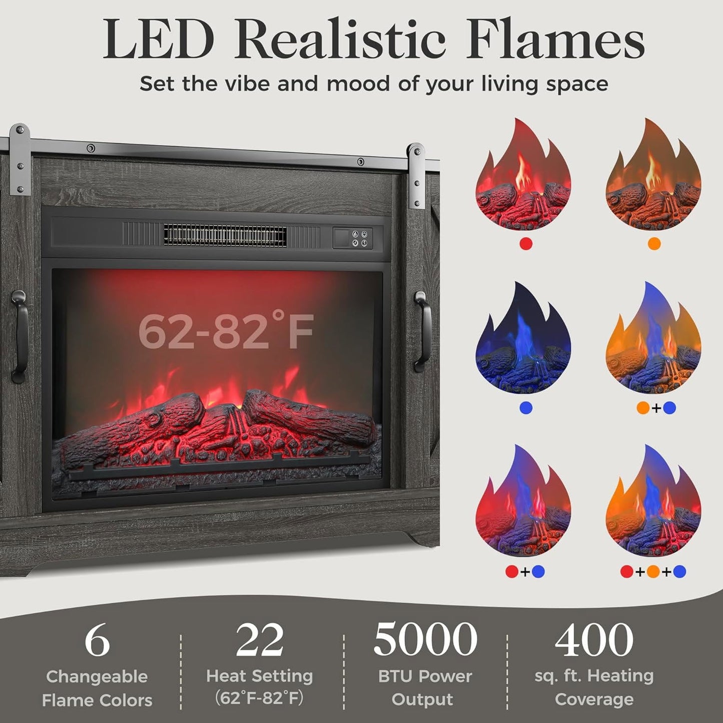 Mayincolor Fireplace TV Stand for 65+ inch, Farmhouse Entertainment Center with 23" Electric Fireplace with Remote, Modern Rustic TV Console Storage Cabinet with Sliding Bar Door , Dark Grey