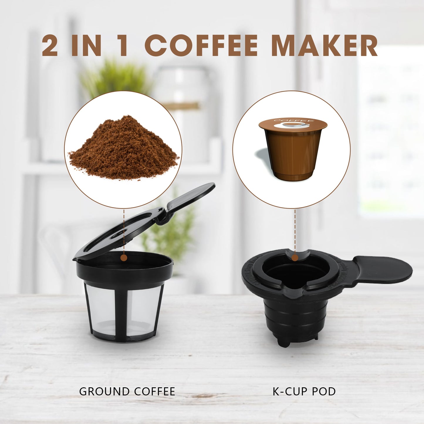 RoyalCraft Single Serve Coffee Maker For Single Cup Pod & Coffee Ground, Stainless SteelRemovable Reservoir, Compact Coffee Machine Brewer with 6 to 14 oz. Brew Sizes, Black