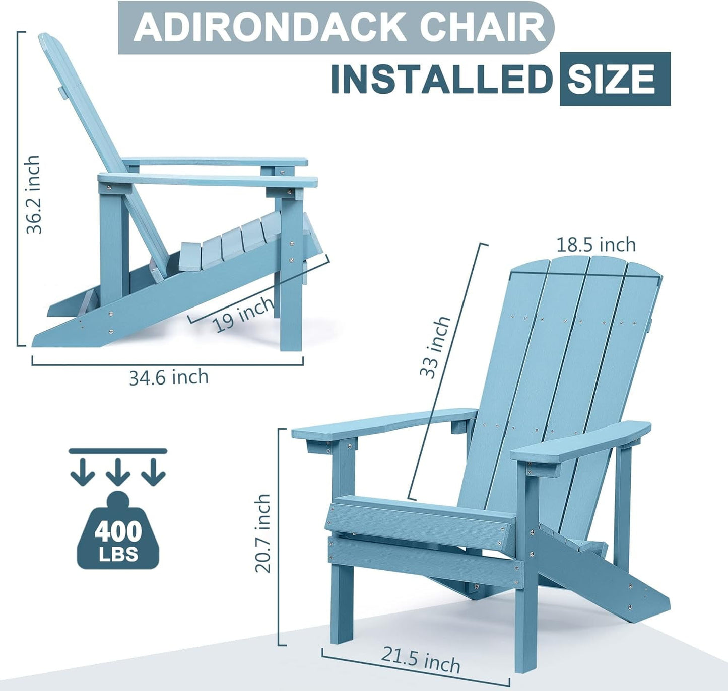 Royalcraft Adirondack Chairs, Weather Resistant Hips Plastic Fire Pit Chairs, Modern Poly Adorondic Outside Chairs, 350 LBS Adirondack Chair for Easy Assembly, White
