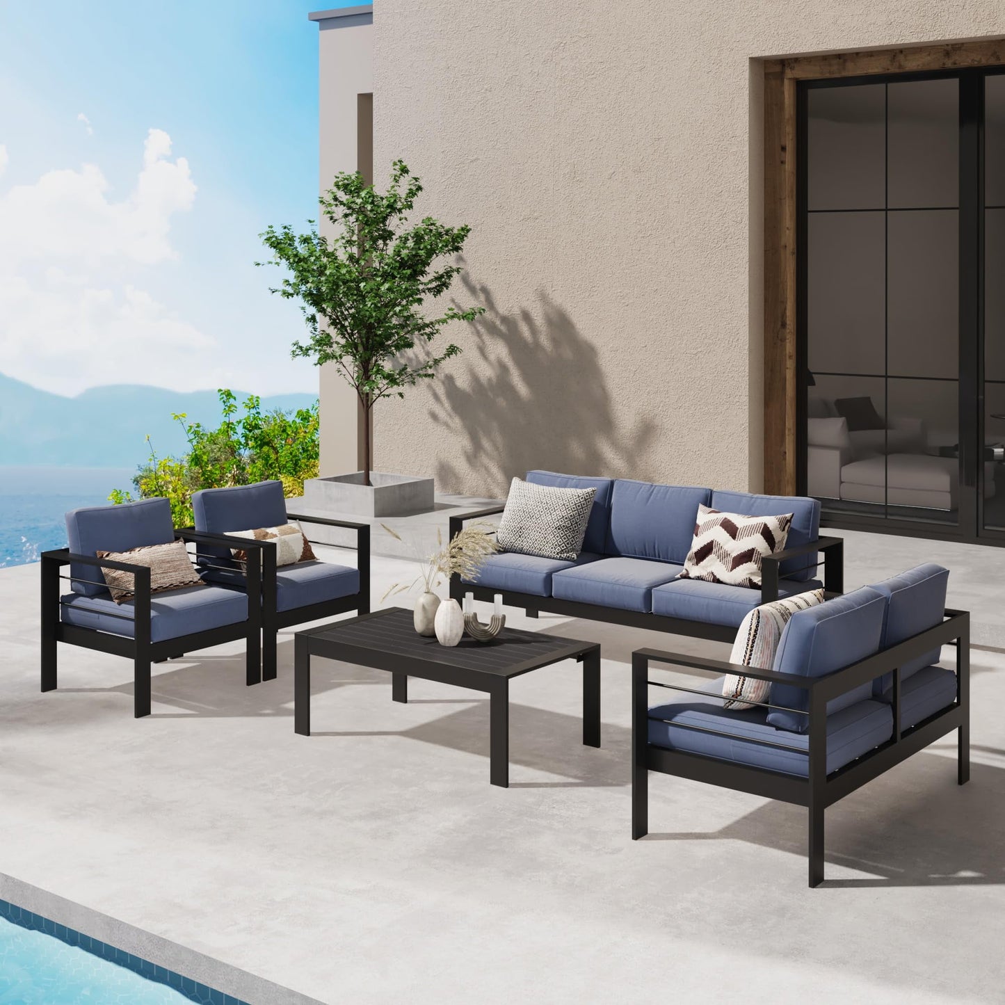 RoyalCraft Aluminum Outdoor Patio Furniture Set, Modern Patio Conversation Sets, Outdoor Sectional Metal Sofa with 5 Inch Cushion and Coffee Table for Balcony, Garden, Blue