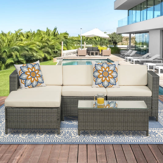 Royalcraft Outdoor Patio Set,5 Pcs PE Wicker Rattan Outdoor Furniture Set, Tempered Glass Coffee Table, White