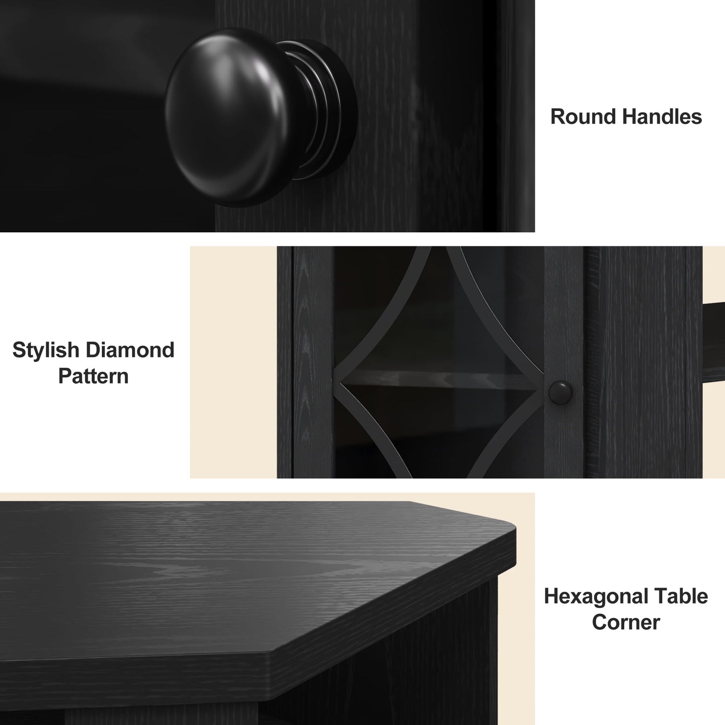 RoyalCraft Corner TV Stands for TVs up to 55'', Media Console Table with Adjustable Shelves, Acrylic Doors with Double-Diamond Design, Wood Modern Entertainment Center for Living Room Bedroom, Black