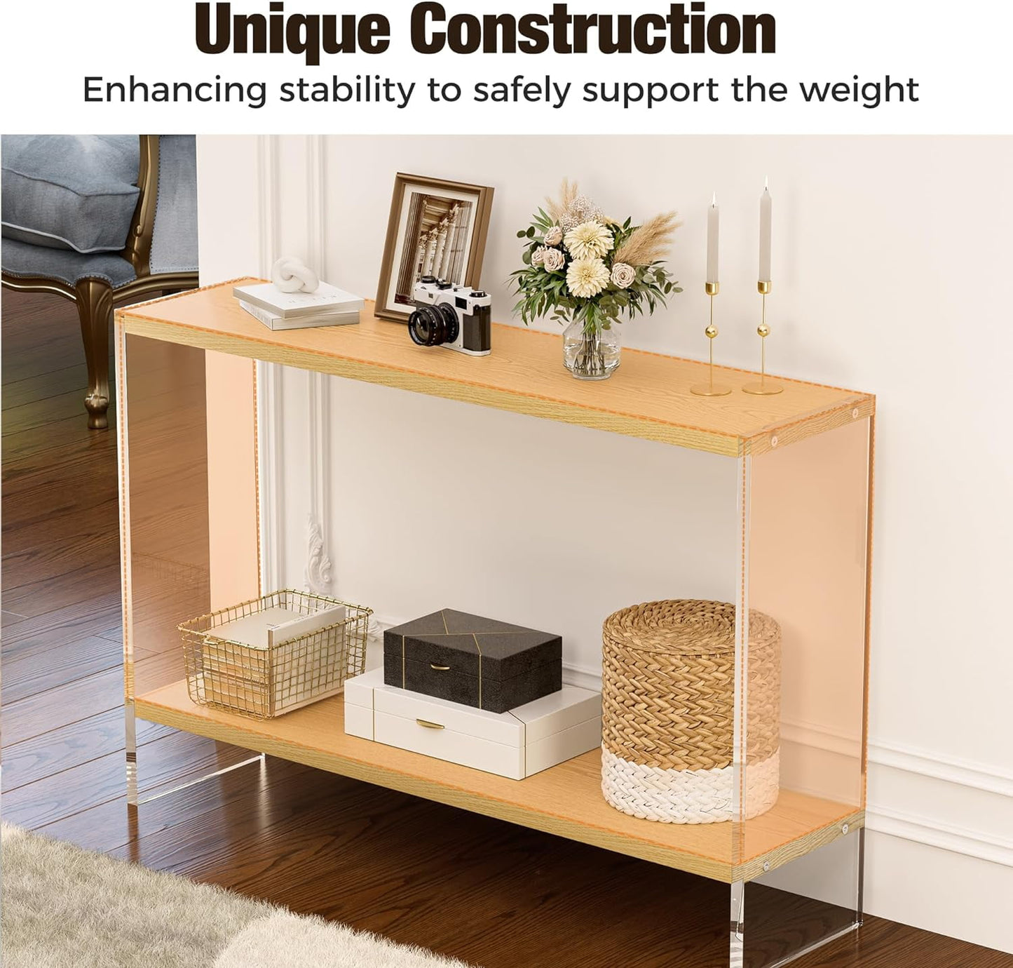Acrylic Console Table, 47.24" Modern Entryway Table with Storage Shelf, Clear Acrylic Doorway Table, 2-Tier Sofa Table for Living Room, Bedroom, Hallway, and Dining Room (Black)