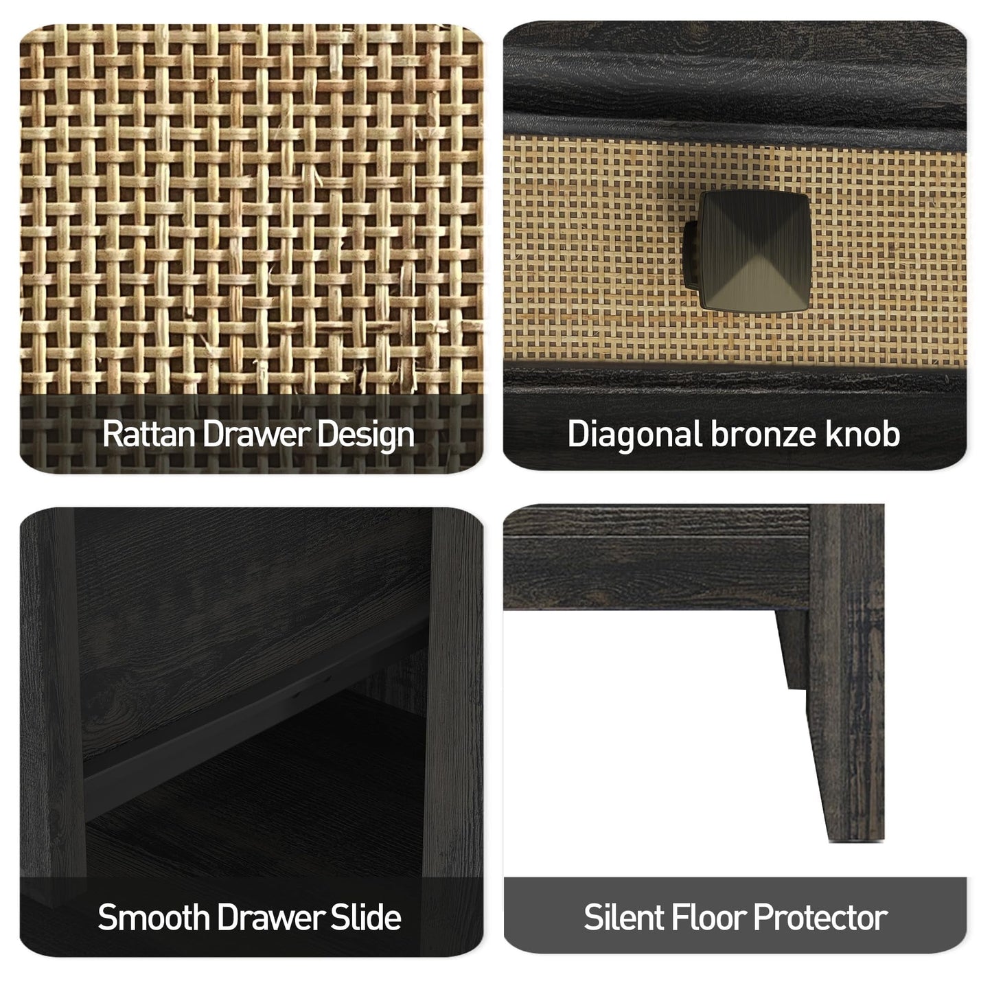 Superjoe Nightstand with 2 Drawers, Accent Bedside Table with Rattan Decor Drawers and Large Storage Shelf, Boho Wood End Table Organizer for Bedroom, Living Room, Grey