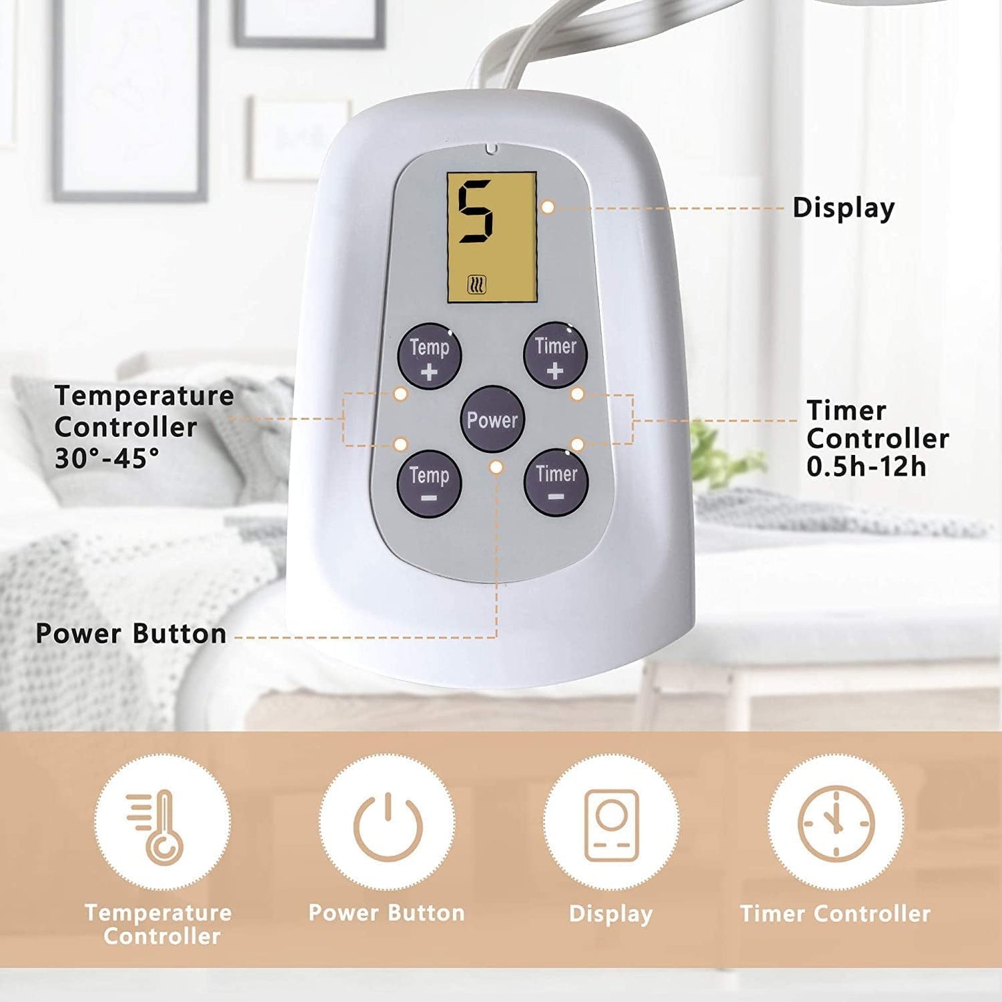 Royalcraft Electric Blanket Queen Size with Dual Control, 10 Heating Levels& 12 hours Auto-off, Overheat Protection, Grey