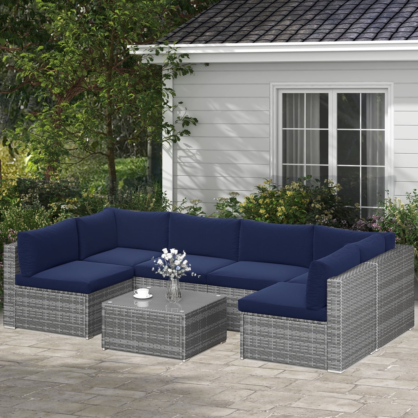 Royalcraft 7 Pieces Outdoor Conversation Set, All-Weather Wicker Rattan Sectional Sofa Set with Cushions & Coffee Table, Blue