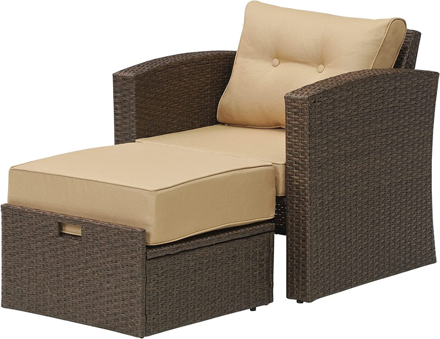 RoyalCraft Modular Collections Patio Sofa Chair with Ottoman, Outdoor Brown Rattan Lounger Sofa Chair Set with Seat and Back Cushions, Aluminum Frame