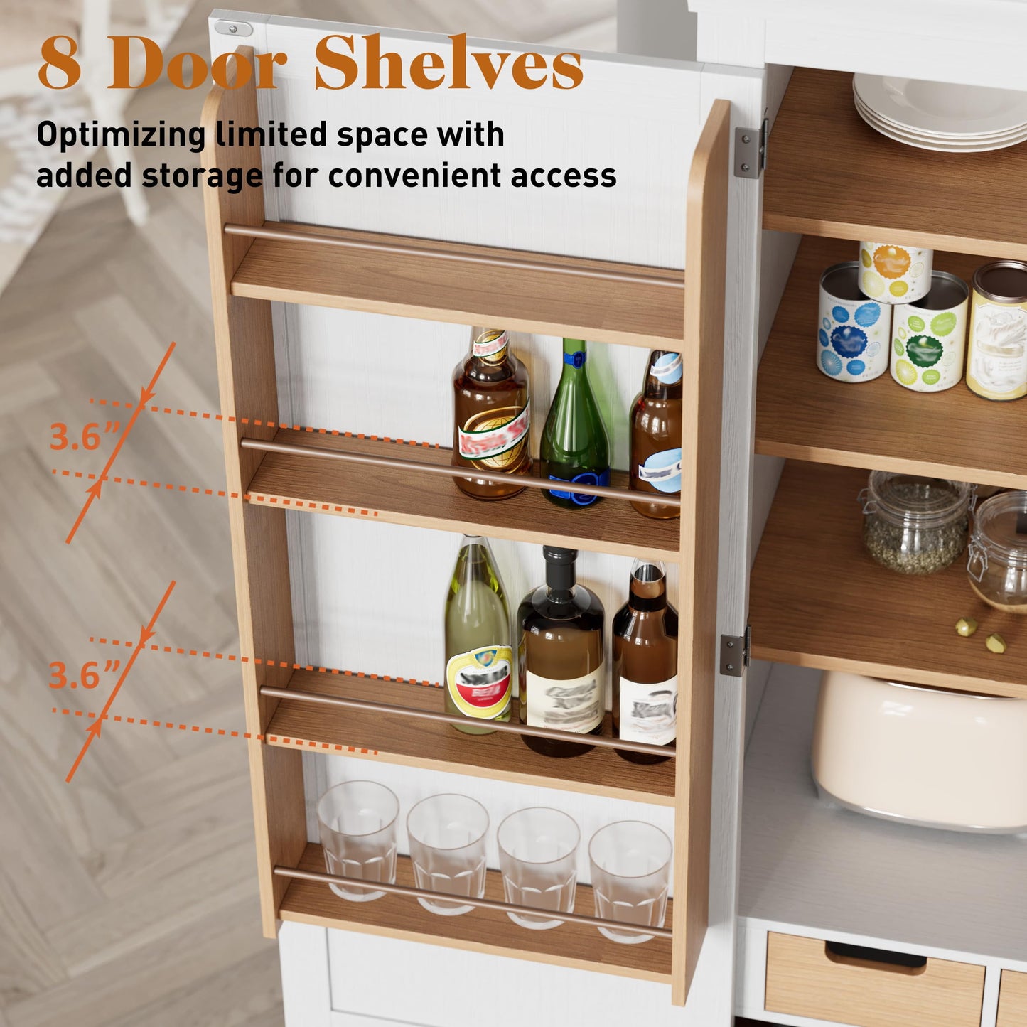 Superjoe 70'' Kitchen Pantry Cabinet, Tall Storage Cabinet , Freestanding Cupboard with 8 Hanging Shelves and Adjustable Shelves for Kitchen, Dinging Room,Living Room, White