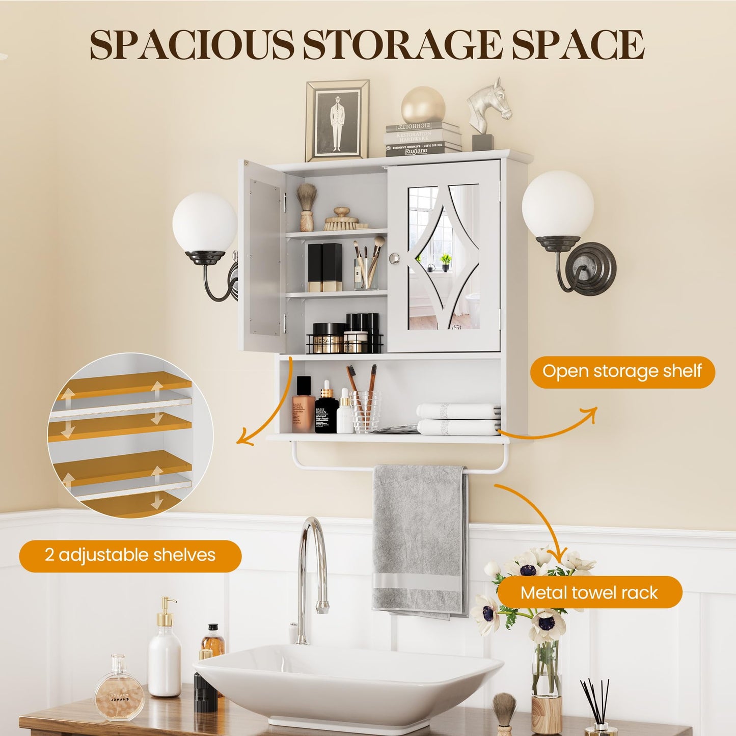 RoyalCraft Bathroom Wall Cabinet with Mirror, Wall Mount Bathroom Storage Cabinet, Adjustable Shelves