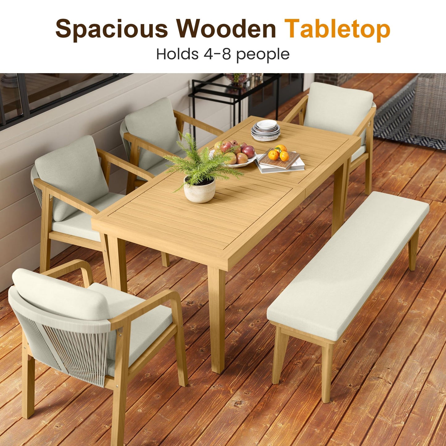 RoyalCraft Acacia 6 Pieces Patio Dining Set with Dining Table, Chairs, and Bench, All-Weather Wood Chairs with Cushions, Modern Outdoor Dining Furniture Set for Lawn, Backyard, Garden, Deck, Beige