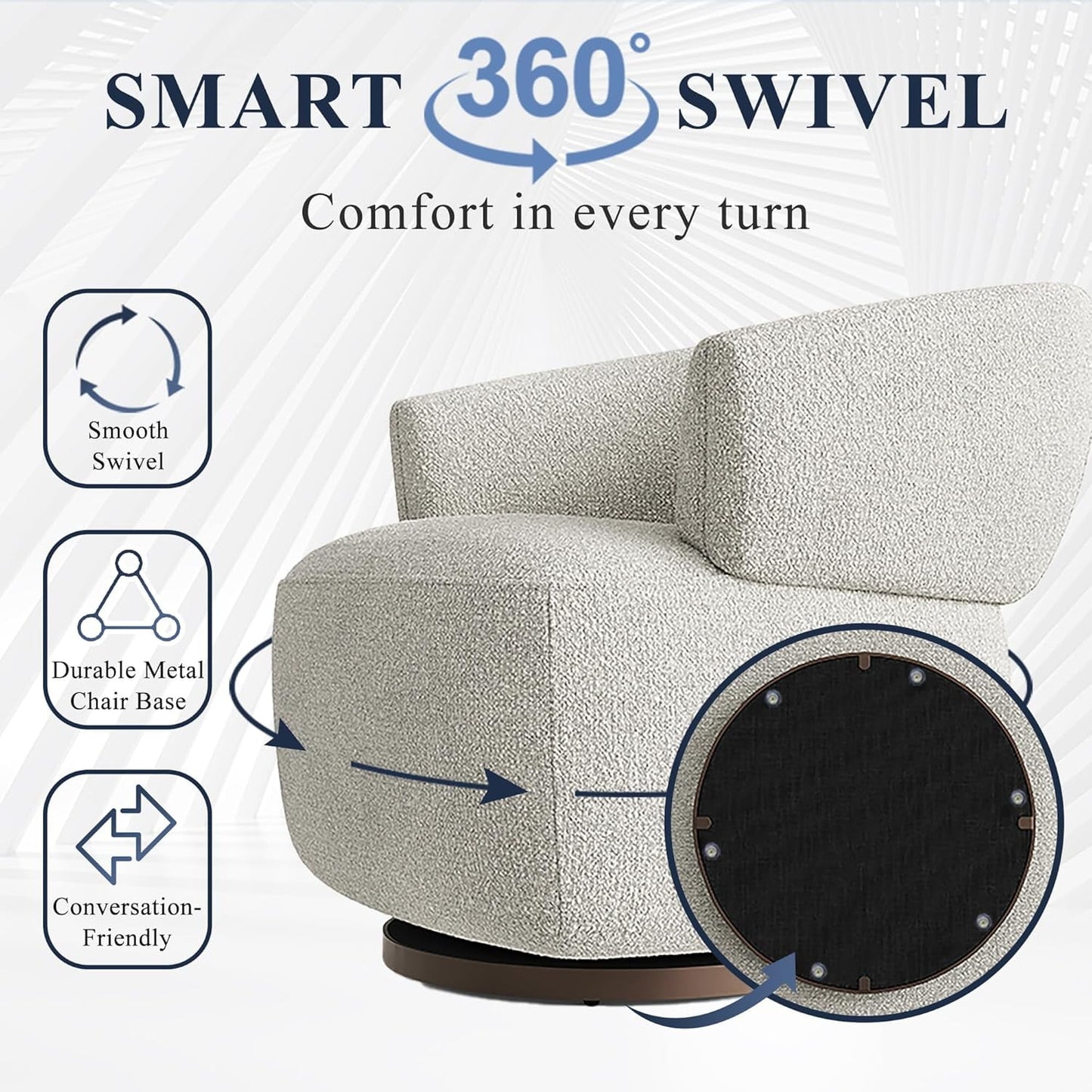 Superjoe Swivel Accent Chair, Fully Assembled Round Barrel Chairs, Oversized Upholstered Armchair with 360-Degree Base, Modern Club Chair for Living Room, Bedroom, Office, Ivory