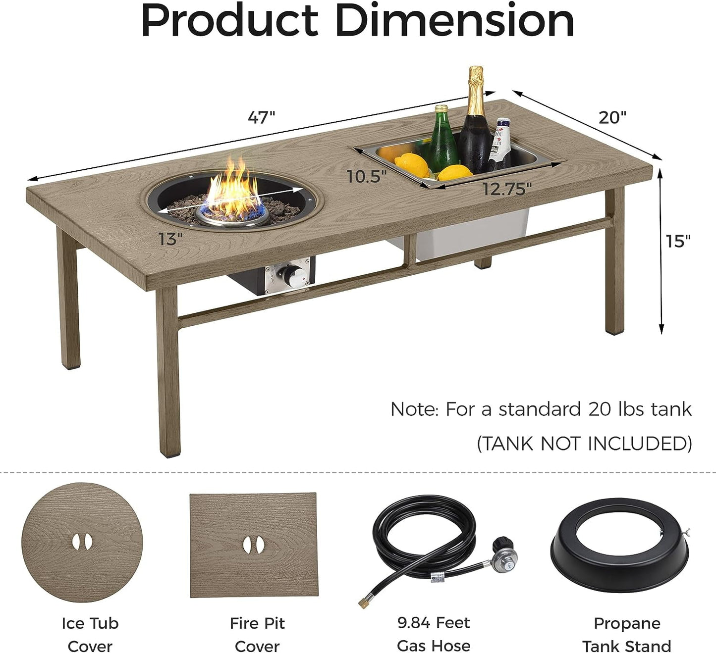 Royalcraft Aluminum Propane Fire Pit Table, 47" 50,000 BTU Multifunctional Fire Table with CSA Certification, 4.5 Gallons Ice Bucket, and Lava Rocks, 3-in-1 Coffee Table for Outdoor Patio, Grey