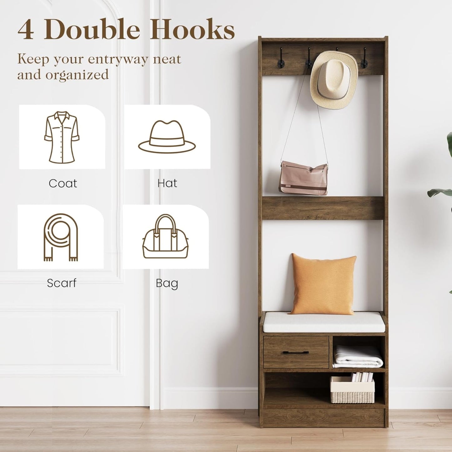 Superjoe Hall Tree with Bench, Entryway Bench with Coat Rack, Shoe Storage, Soft Cushion, Wood Entryway Furniture, White
