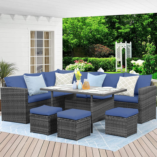RoyalCarft 7 Pcs Outdoor Conversation Set All Weather Wicker Sectional Sofa Set Dining Table Chair and Ottoman,Steel Frame,Blue