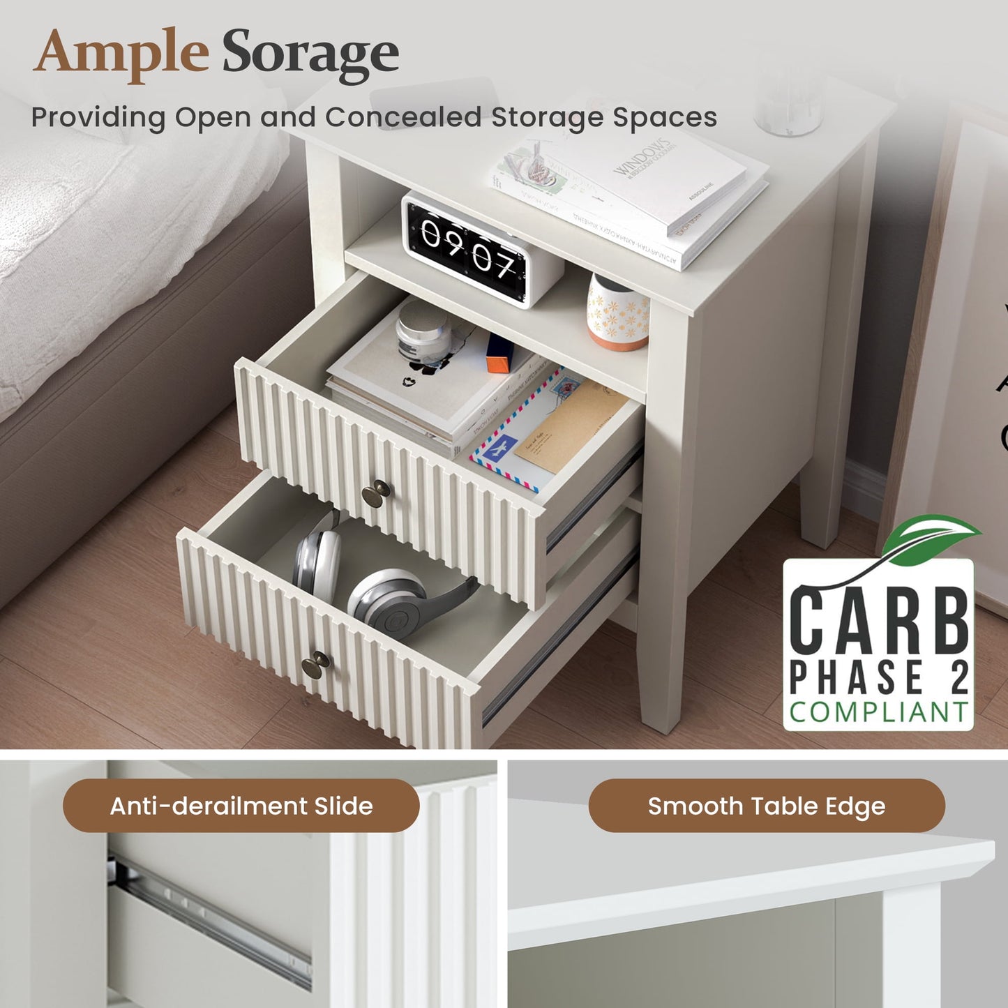 RoyalCraft Fluted Nightstand with Charging Station, White End Table with 2 Silent Slide Drawers & Storage Shelf, Wood Night Stand Cabinet for Living Room, Bedroom