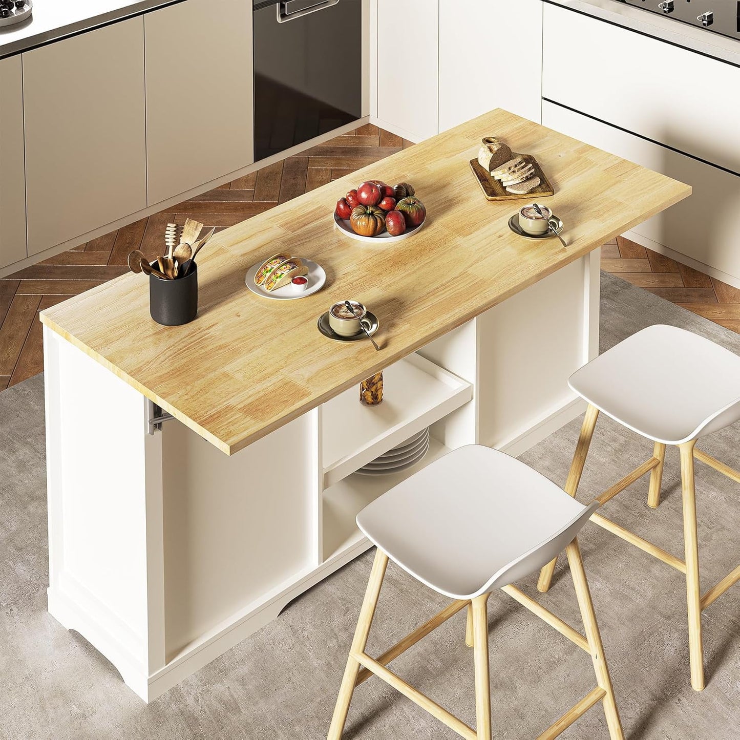 RoyalCraft 59" Large Kitchen Island with Power Outlet, Farmhouse Thick Table Top Drawer, Organized Storage Space with Rubber Wood Drop-Leaf Countertop, White & Oak