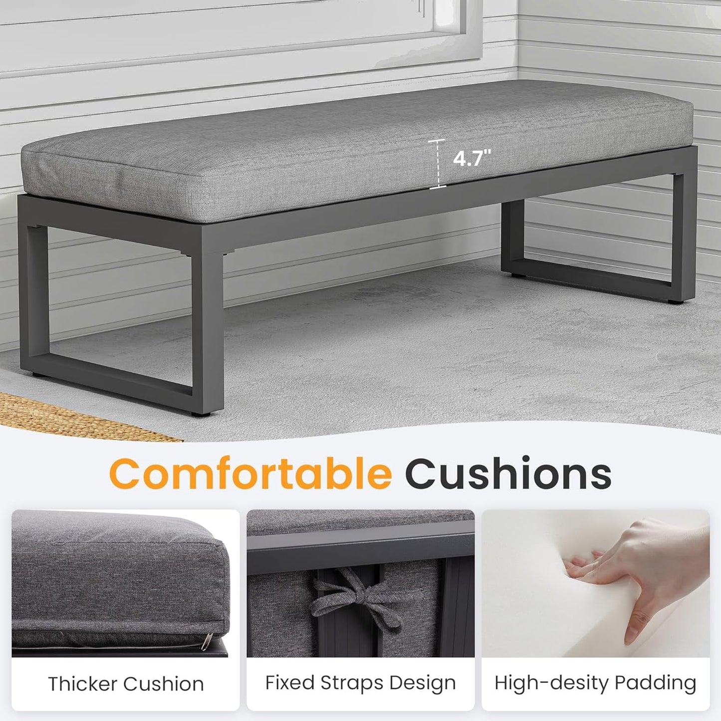 Royalcraft Aluminum Outdoor Patio Bench, Upholstered Bench with Thick Cushion for Porch Balcony Backyard, Grey