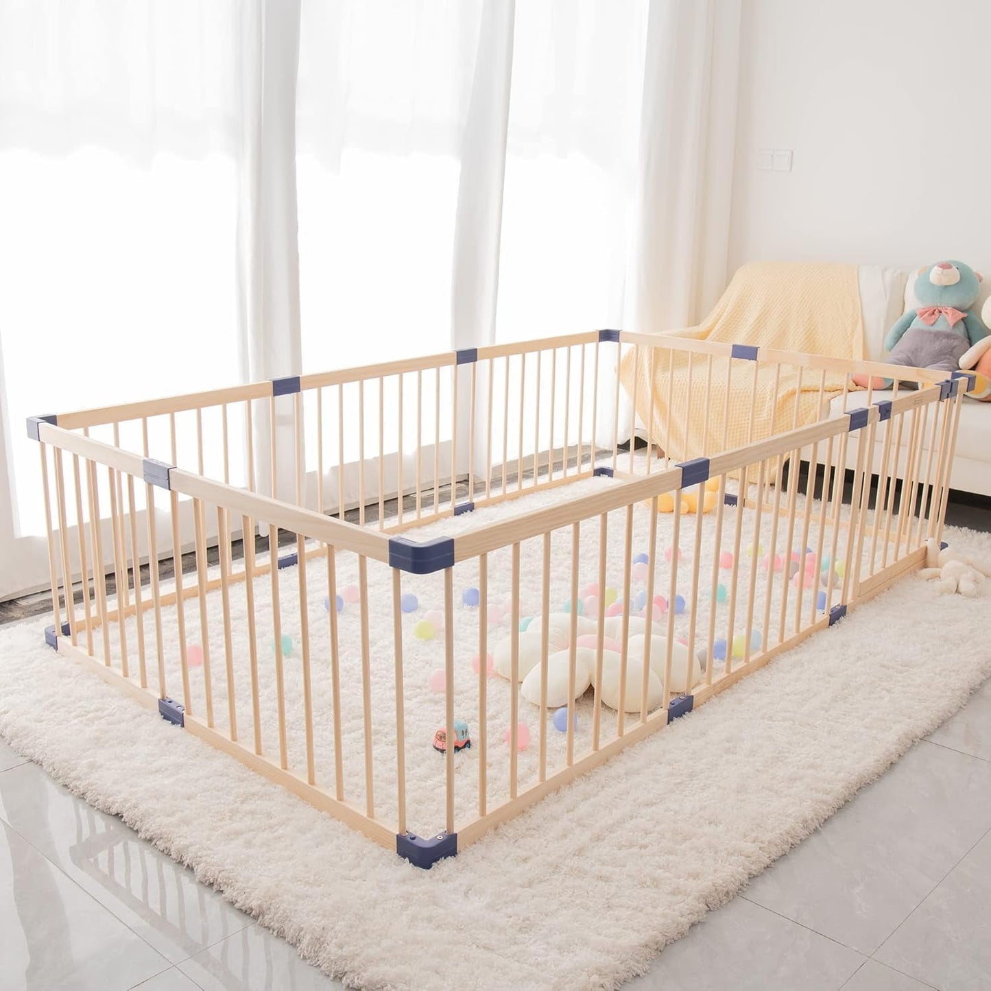 CozyHome Baby Playpen Kids Fence with Safety Gate, Activity Play Center, Safety and Anti-Drop Function, Safety Play Yard Indoor Outdoor Pure Wooden Baby Playpen (94.5"*55"*24")