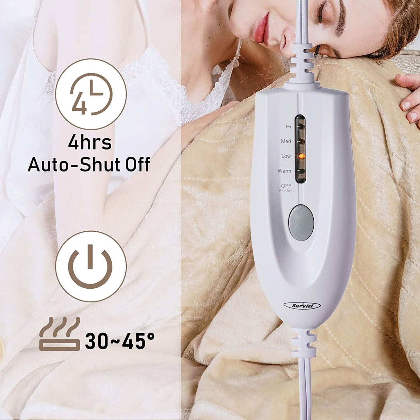 Royalcraft 50" x 60" Electric Blankets Heated Throw Soft Flannel Heating Blanket with 4 Hours Auto Off, 5 Years Warranty, ETL Certified, Machine Washable, Grey