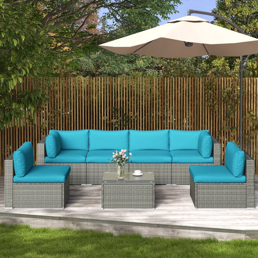 Royalcraft Outdoor Patio Furniture Set, 7 Pieces Outdoor Sectional Sofa Set All-Weather Rattan Conversation Set with Table, Blue