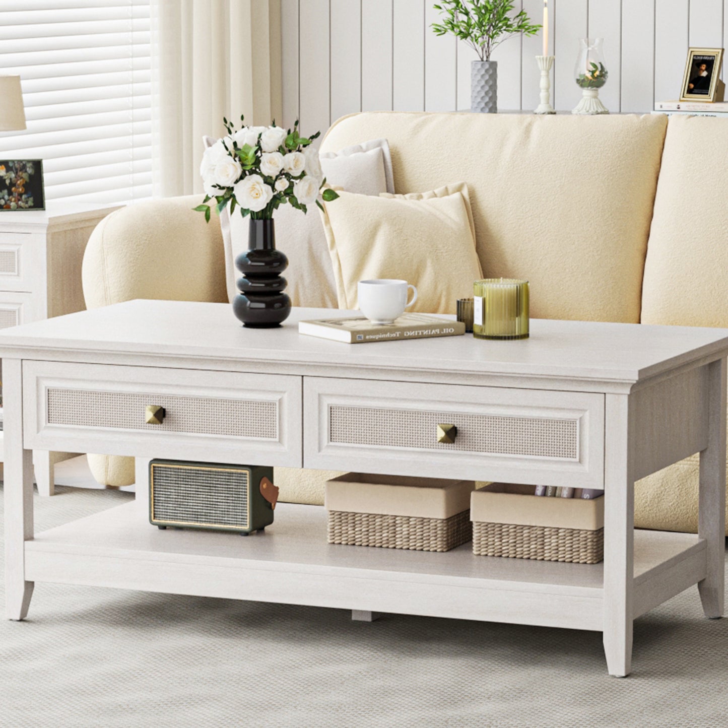 Royalcraft Farmhouse Coffee Table, Boho Tea Table with 2 Rattan Decor Drawers, Accent Center Sofa Table with Storage Shelf, 2 Tier Coffee Table for Bedroom, Living Room, Home Office, Grayish White