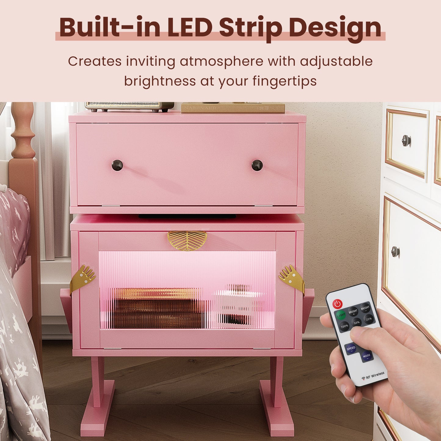 Nightstand with 360° Rotating Drawer and LED Light Strip