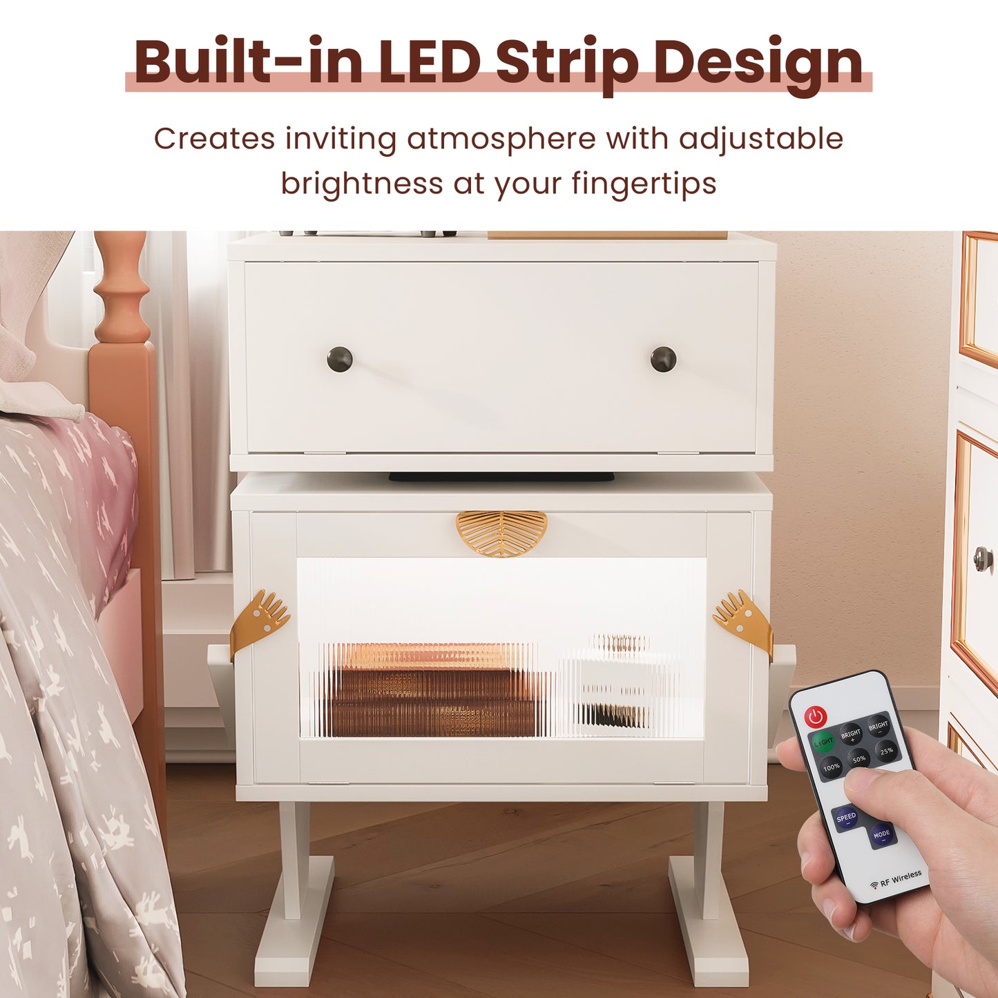 Nightstand with 360° Rotating Drawer and LED Light Strip