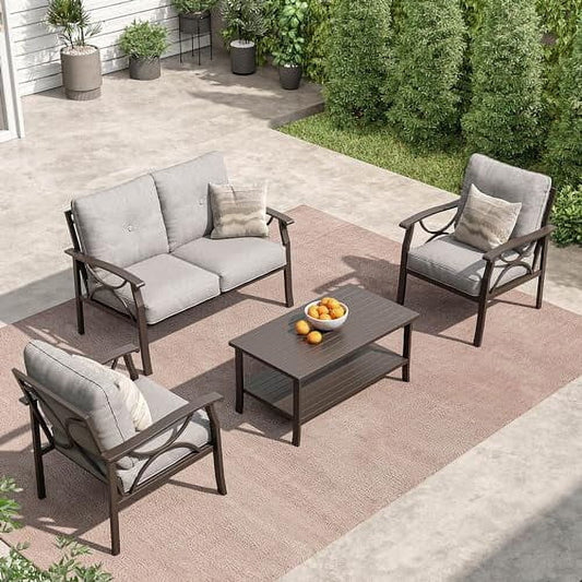 Mayincolor Outdoor Patio Furniture Set, 4 Piece Patio Conversation Set with Coffee Table, Metal Furniture Set for Porch Backyard Garden, Coffee