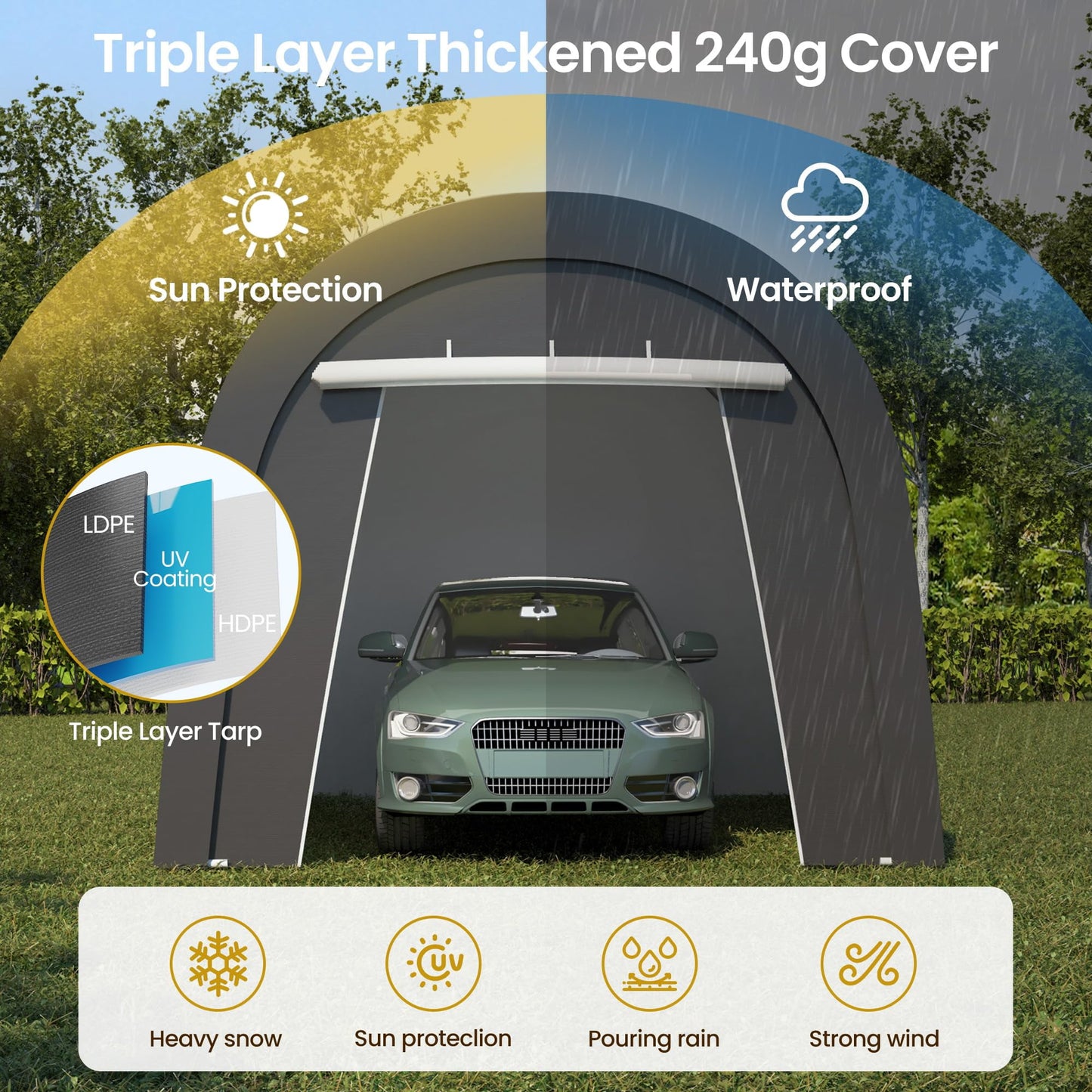 RoyalCraft Domed Carport, Portable Garage with 2 Roll up Doors, Heavy Duty Car Canopy Party Tent, All-Season Storage Shelter Shed Carport for Motorcycle, Boat, Truck, or Garden Tools, 10' x 20'