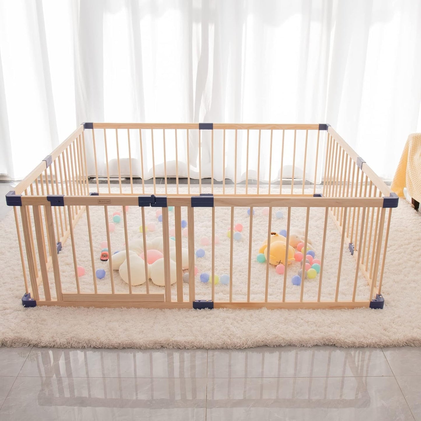 Superjoe Baby Playpen Kids Fence with Safety Gate, Activity Play Center, Safety and Anti-Drop Function, Safety Play Yard Indoor Outdoor Pure Wooden Baby Playpen (71"*59"*24")