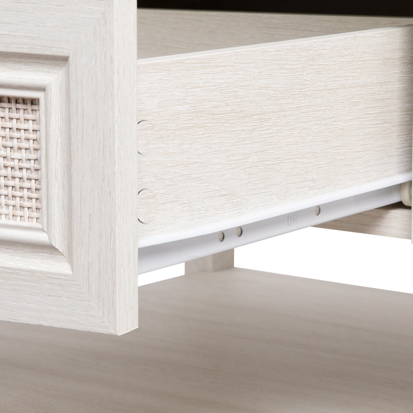 Royalcraft Farmhouse Coffee Table, Boho Tea Table with 2 Rattan Decor Drawers, Accent Center Sofa Table with Storage Shelf, 2 Tier Coffee Table for Bedroom, Living Room, Home Office, Grayish White