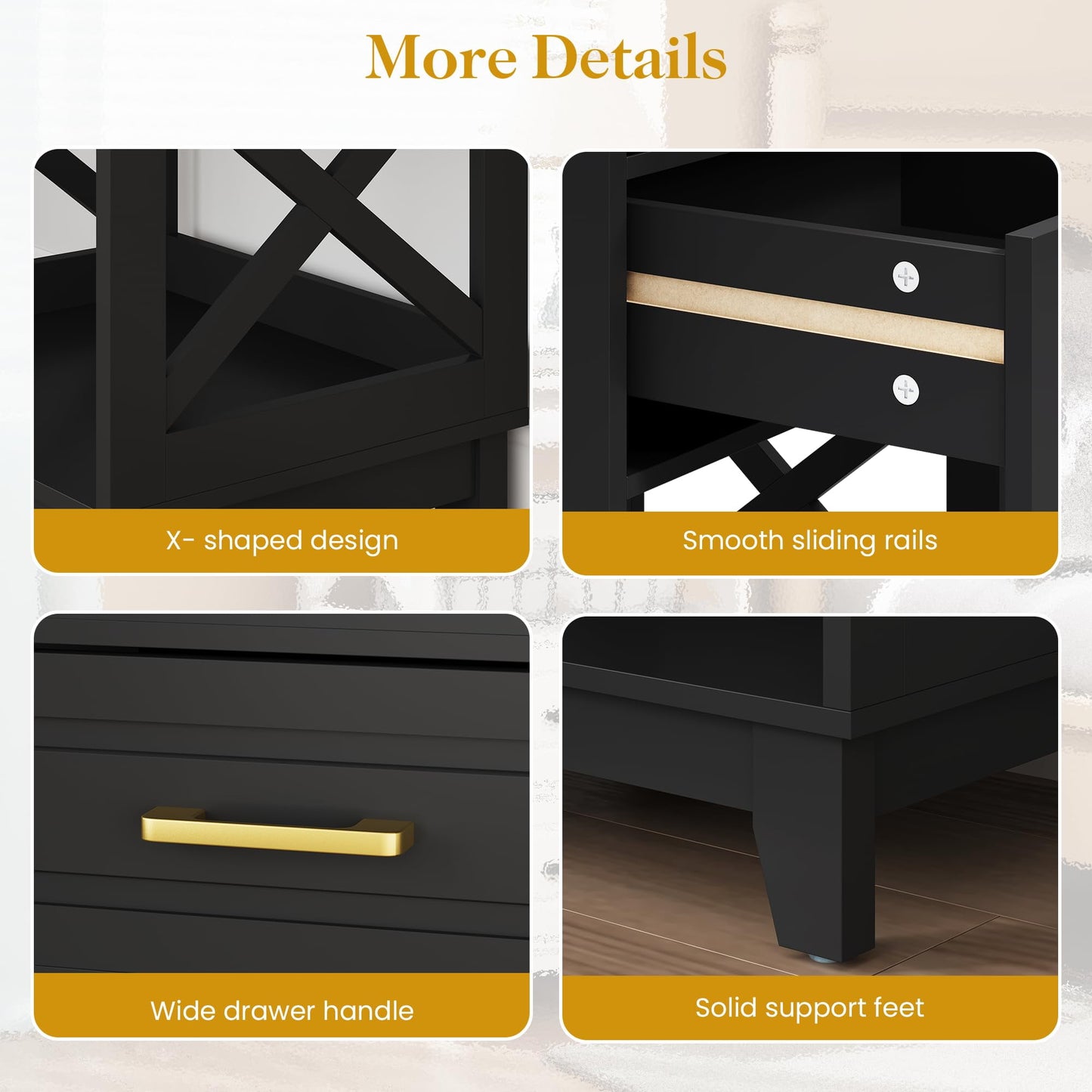 RoyalCraft Tall Nightstand, Side Table with 2 Drawers and Open Shelf Below, Bedside Table with Solid Feet, Modern Night Stand End Table for Bedroom, Living Room, Home Office, Black