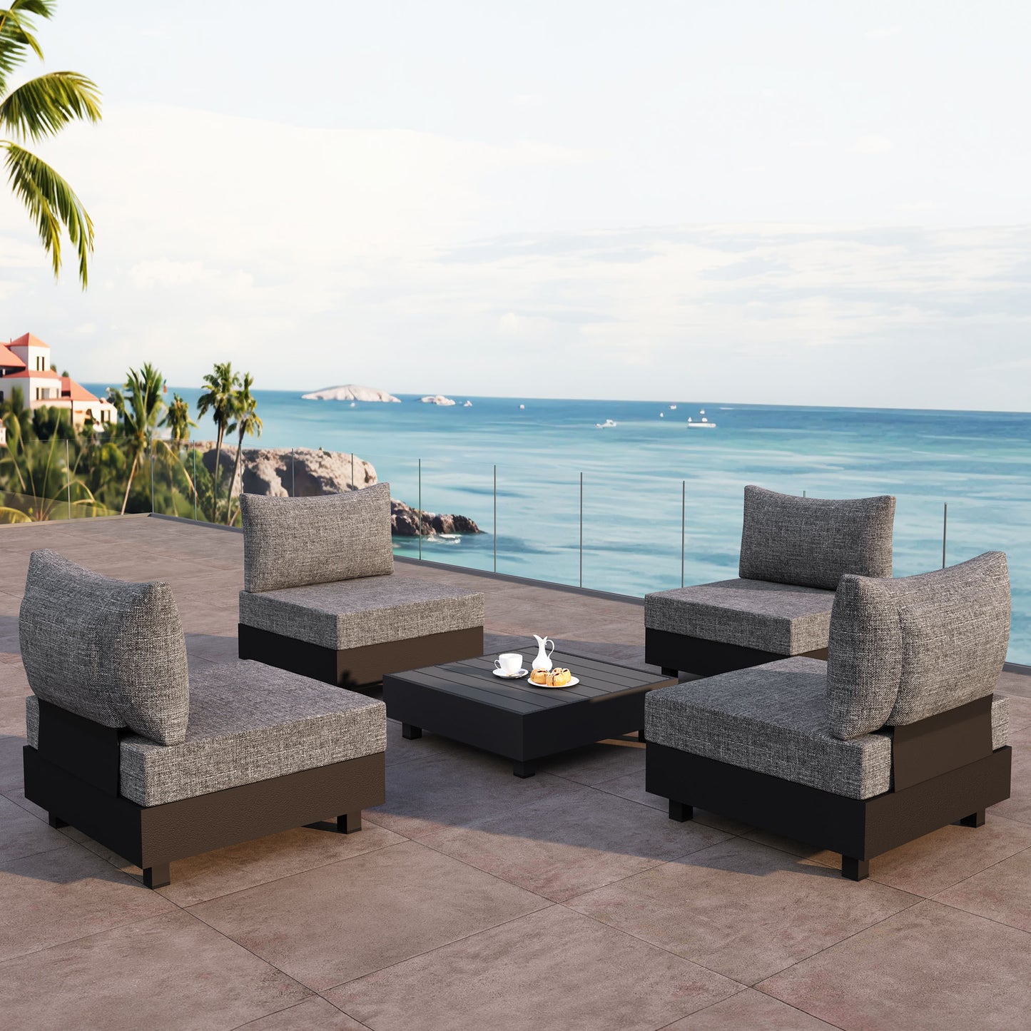 5 Pieces Aluminum Patio Furniture Set, Outdoor Sectional Sofa Conversation Sets with Coffee Table, Modular Armless Chairs Set for Pool Garden Balcony Porch, Grey