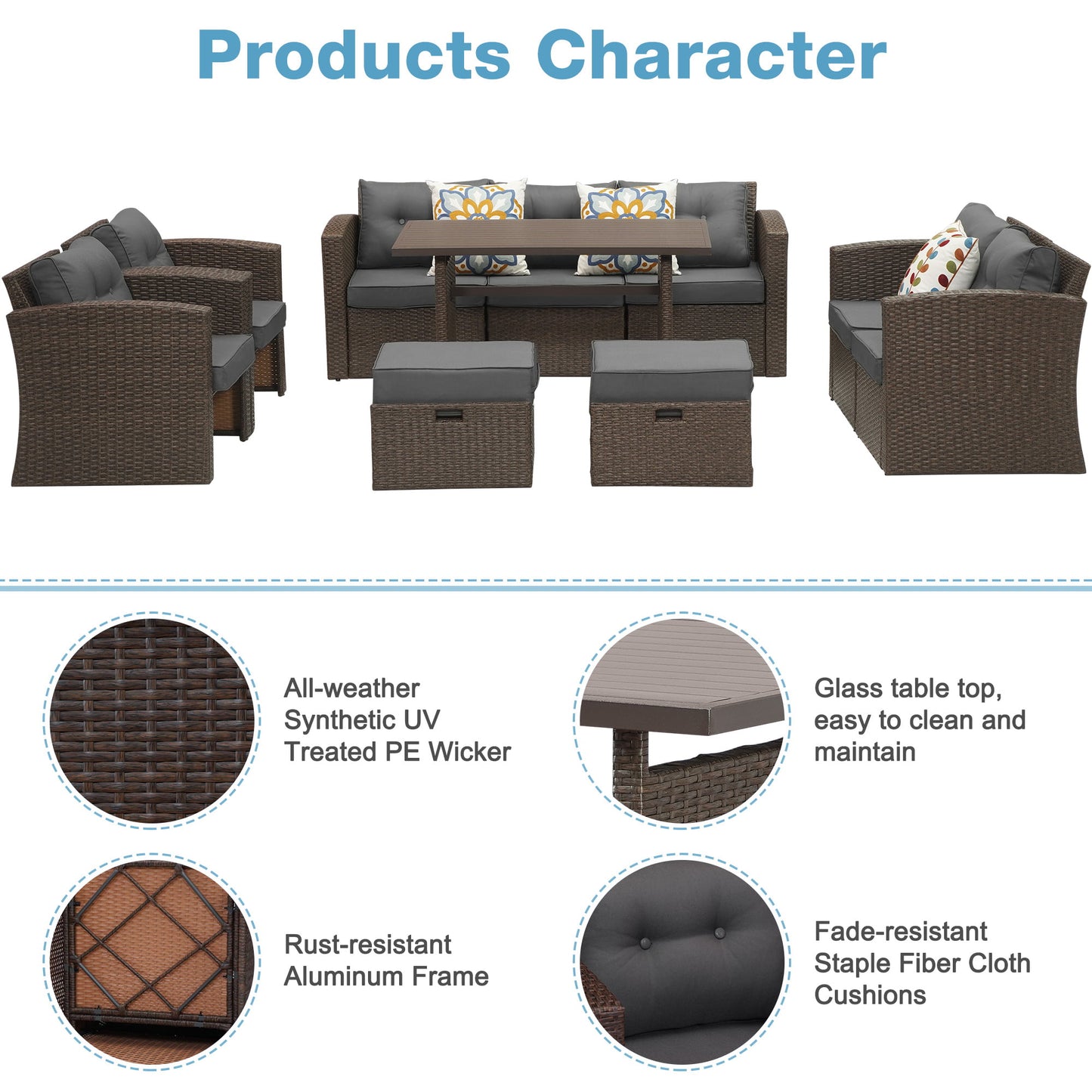 Royalcraft Outdoor Patio Furniture Set,10 Pieces Outdoor Sectional Wicker Sofa PE Rattan Conversation Sets with Dining Table,Aluminum Frame,Brown