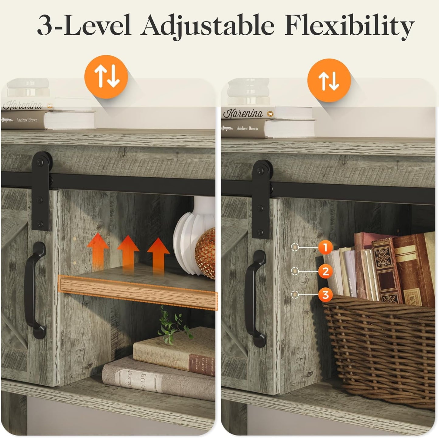 Royalcraft Entryway Table with Storage Cabinets, 46" Modern Farmhouse Console Table with Sliding Barn Door, Wood Rustic Sofa Table with Adjustable Shelf for Hallway, Living Room, Foyer, Light Grey