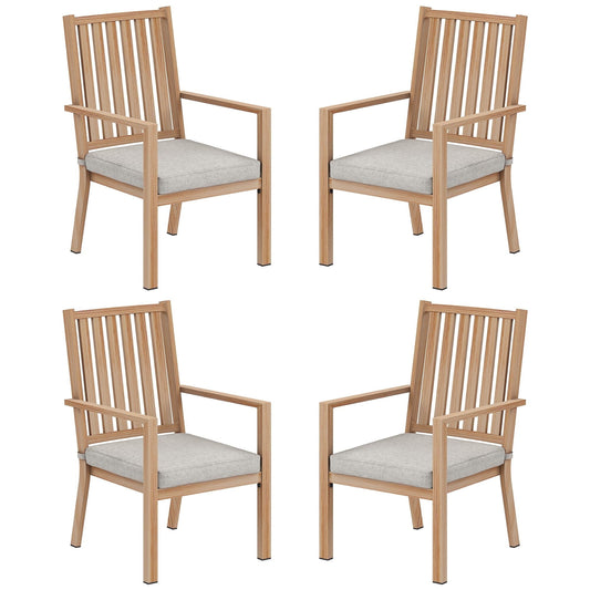 Heynemo Patio Dining Chair Set of 4, Aluminum Outdoor Dining Chairs, Metal Outdoor Patio Furniture Seating with Cushions, Perfect for Porch, Balcony, Deck, Backyard, Light Wood Color