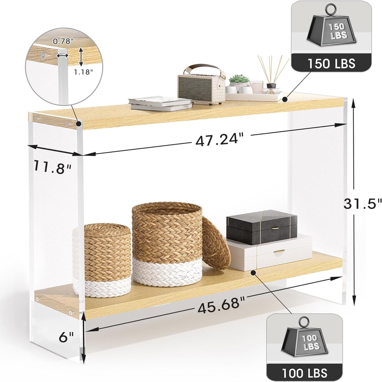 Acrylic Console Table, 47.24" Modern Entryway Table with Storage Shelf, Clear Acrylic Doorway Table, 2-Tier Sofa Table for Living Room, Bedroom, Hallway, and Dining Room (Black)