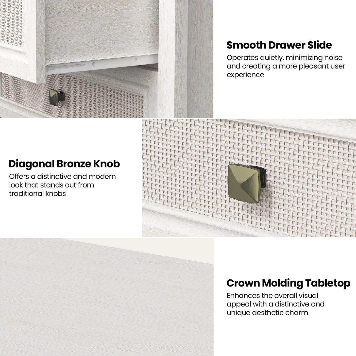 3 Drawer Dresser, Cane Nightstand with Rattan Decorated Drawers, Tall Bedside End Table for Bedroom, Living Room, Entryway