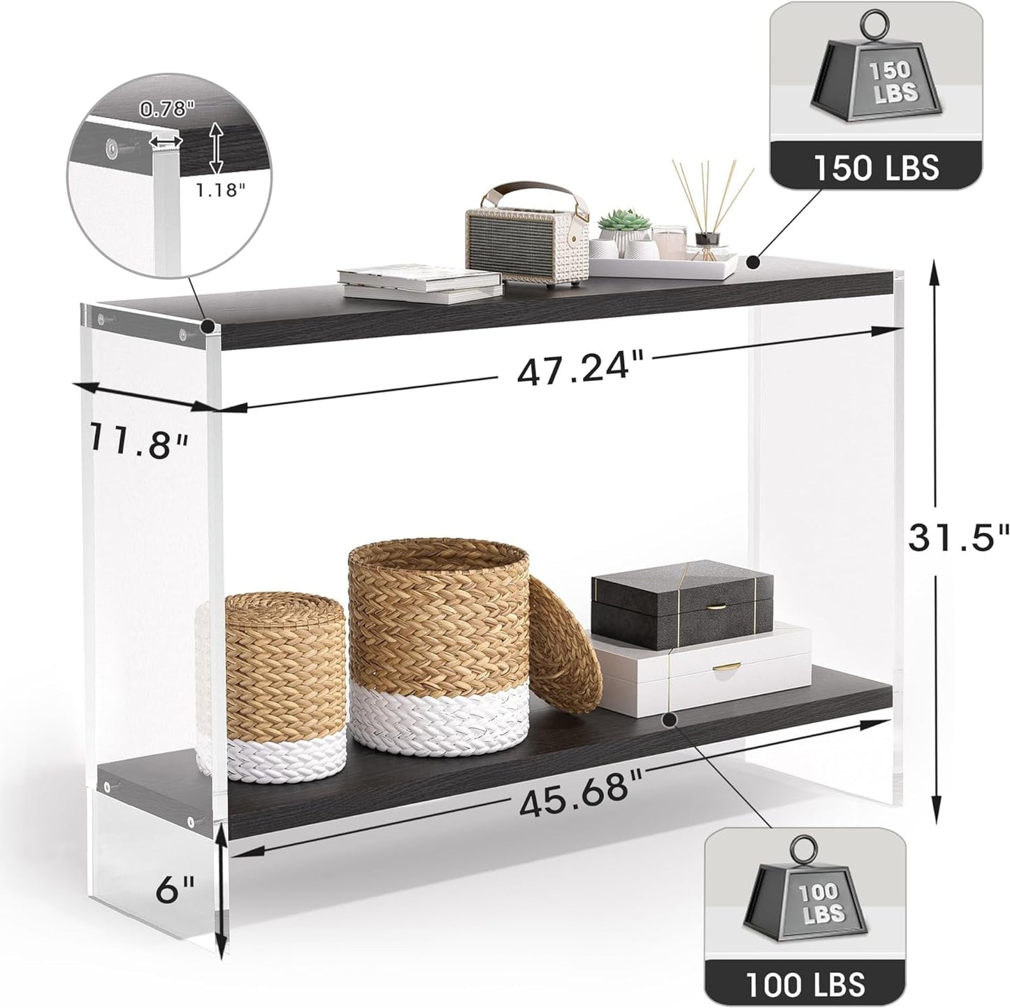 Acrylic Console Table, 47.24" Modern Entryway Table with Storage Shelf, Clear Acrylic Doorway Table, 2-Tier Sofa Table for Living Room, Bedroom, Hallway, and Dining Room (Black)