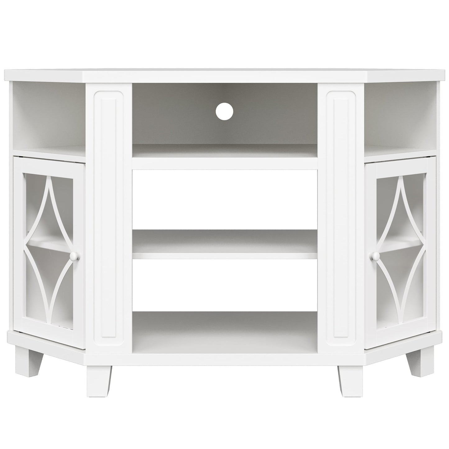 RoyalCraft Corner TV Stands for TVs up to 55'', Media Console Table with Adjustable Shelves, Acrylic Doors with Double-Diamond Design, Wood Modern Entertainment Center for Living Room Bedroom, White