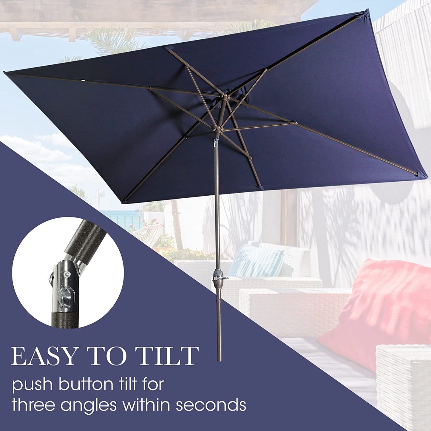 RoyalCraft 6.5 x 10 Ft Rectangular Patio Umbrella Aluminum Pole, Outdoor Table Market Umbrella with Crank, 6 Steel Ribs, Polyester Canopy, Navy Blue