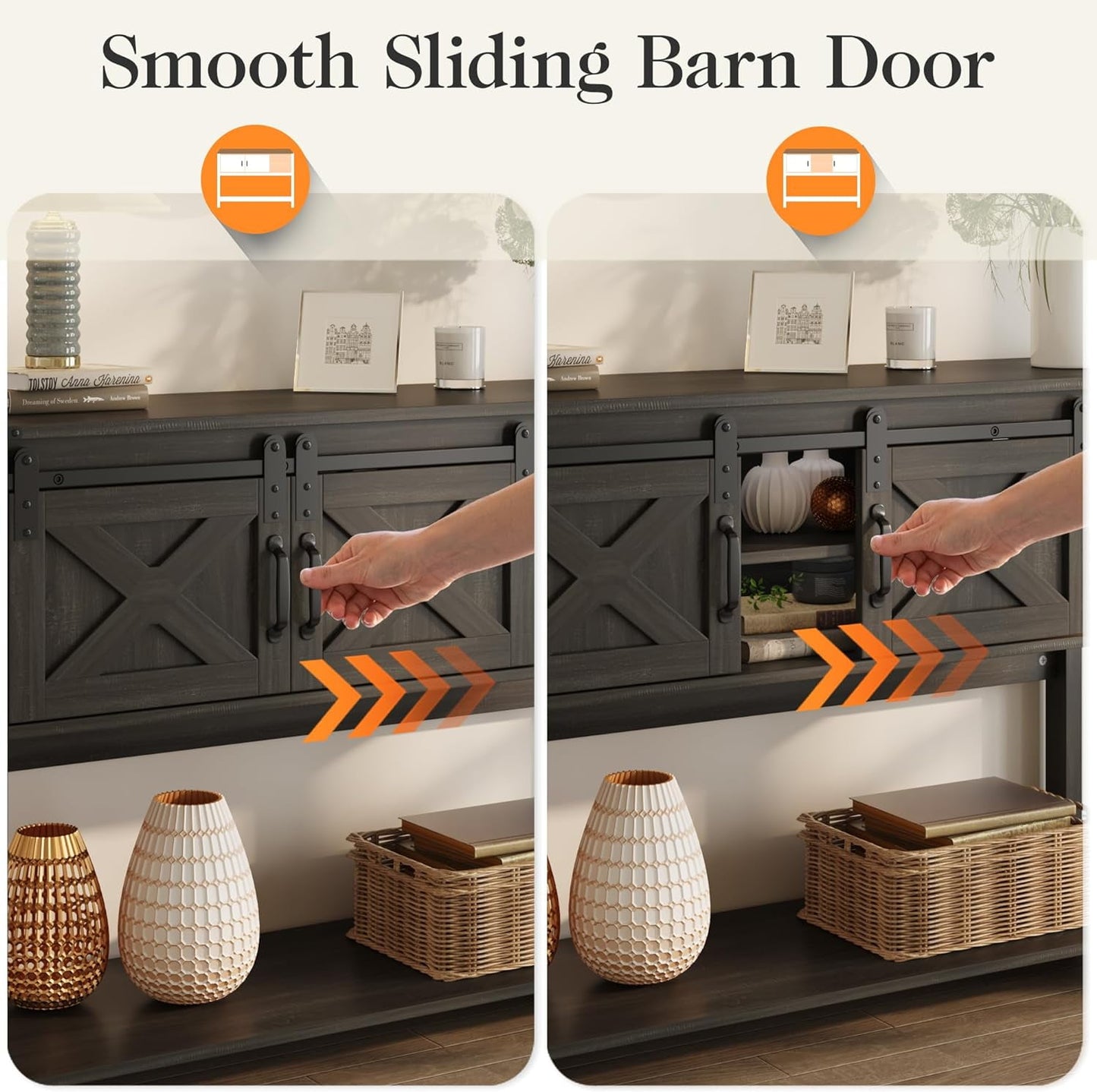 Royalcraft Entryway Table with Storage Cabinets, 46" Modern Farmhouse Console Table with Sliding Barn Door, Wood Rustic Sofa Table with Adjustable Shelf for Hallway, Living Room, Foyer,Dark Grey