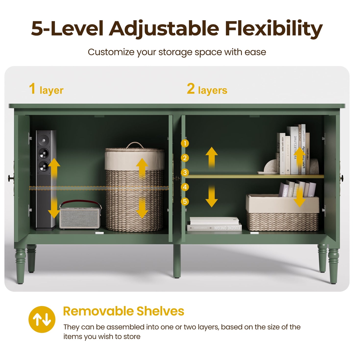 May in Color 58" Wood Buffet Cabinet, Mid-Century Modern Console Cabinet, with 4 Door & Media Storage, for Entryway, Living Room, Dining Room, Bedroom, Green