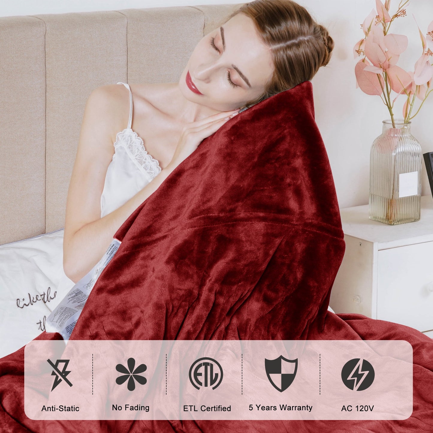 Electric Blanket Queen Size with Dual Controllers,10 Heating Levels& 12 hours Auto-off,Overheat Protection,Red