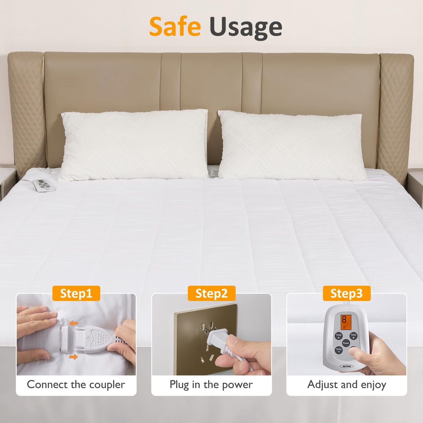 Royalcraft Twin Size Heated Mattress, Electric Bed Mattress Pad with 12-Hour Timer & 10 Heat Settings, Full Bed Warmer, Machine Washable, 39in  x 75in