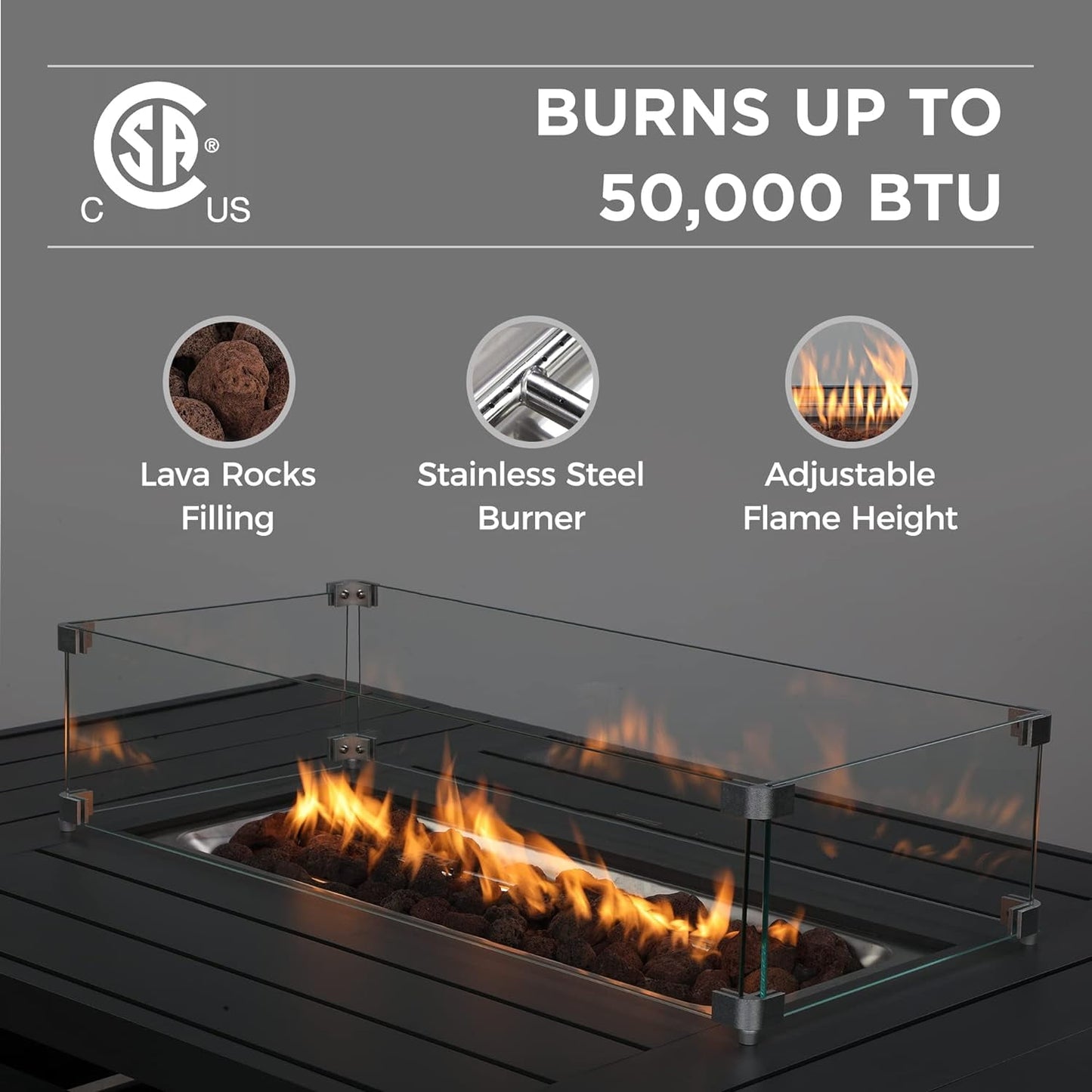 Superjoe 54.3" Patio Aluminum Fire Pit Table, 50000 BTU CSA Certified Propane Gas Outdoor Fire Table, Rectangular Fire Table w/Stainless Burner, Lava Rock, Waterproof Cover, Gray